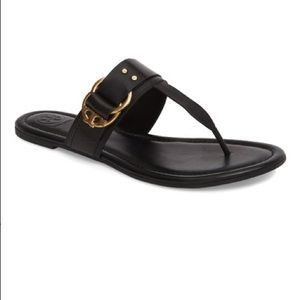 NWOT Tory Burch Marsden Black Thong Sandals With Gold Buckle